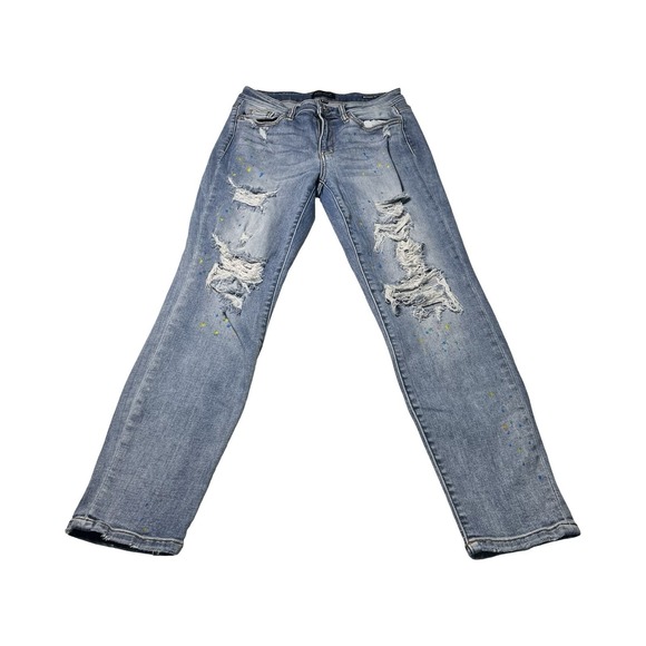 Judy Blue Jeans Womens 9/29 Boyfriend Fit High Rise Rainbow Paint Splatter - Picture 1 of 5